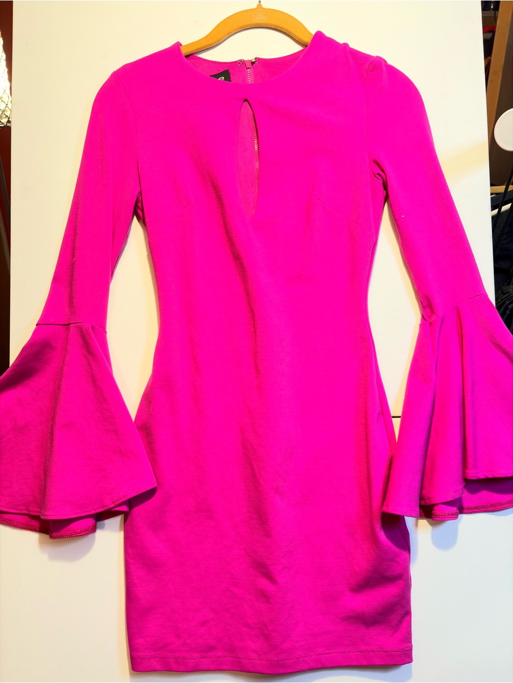 bebe Hot Pink Bell-Sleeve Keyhole Long Sleeve Dress